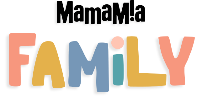 Mamamia Logo with Family underneath and each letter is a different color